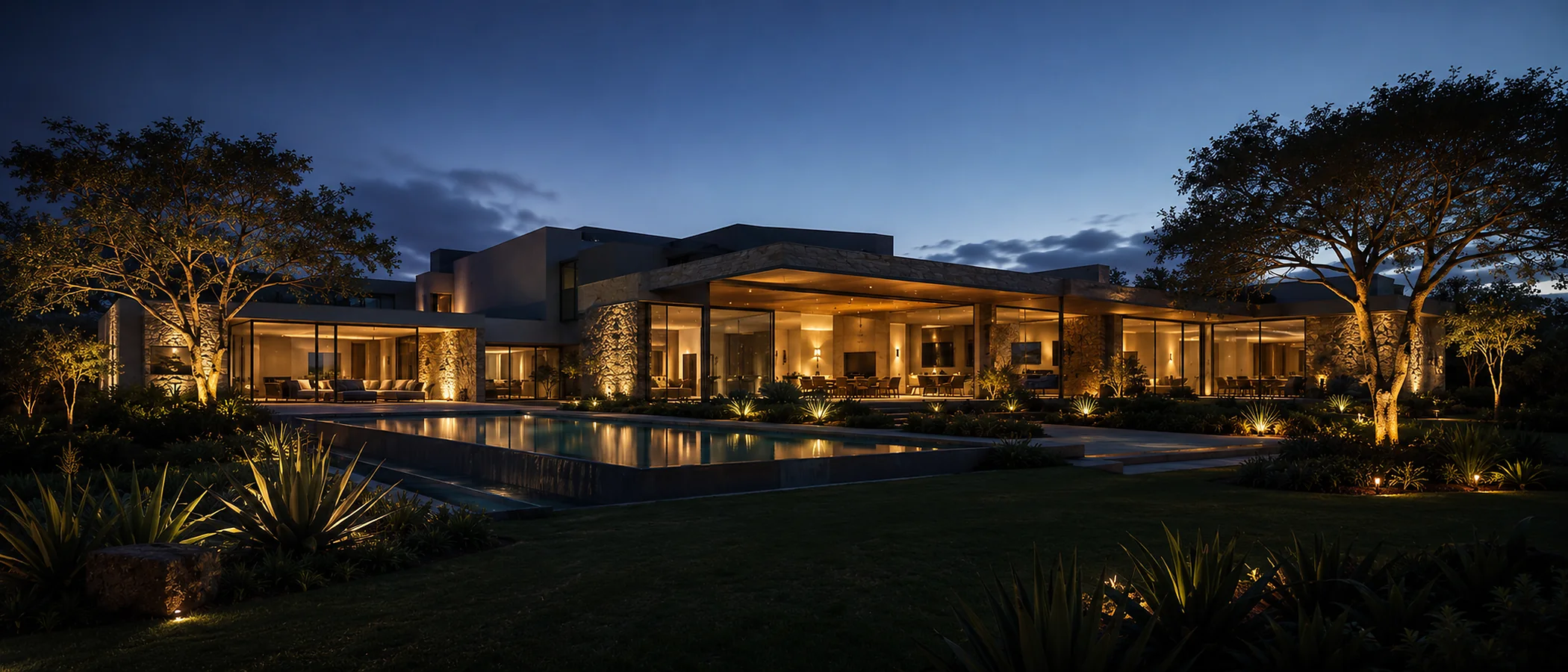 Luxury smart home exterior at dusk in Johannesburg with automated architectural and landscape lighting